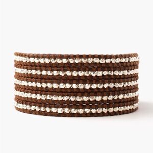 Chan Luu 5 Wrap Bracelet Sterling Silver Nuggets Dark Brown Leather Cord